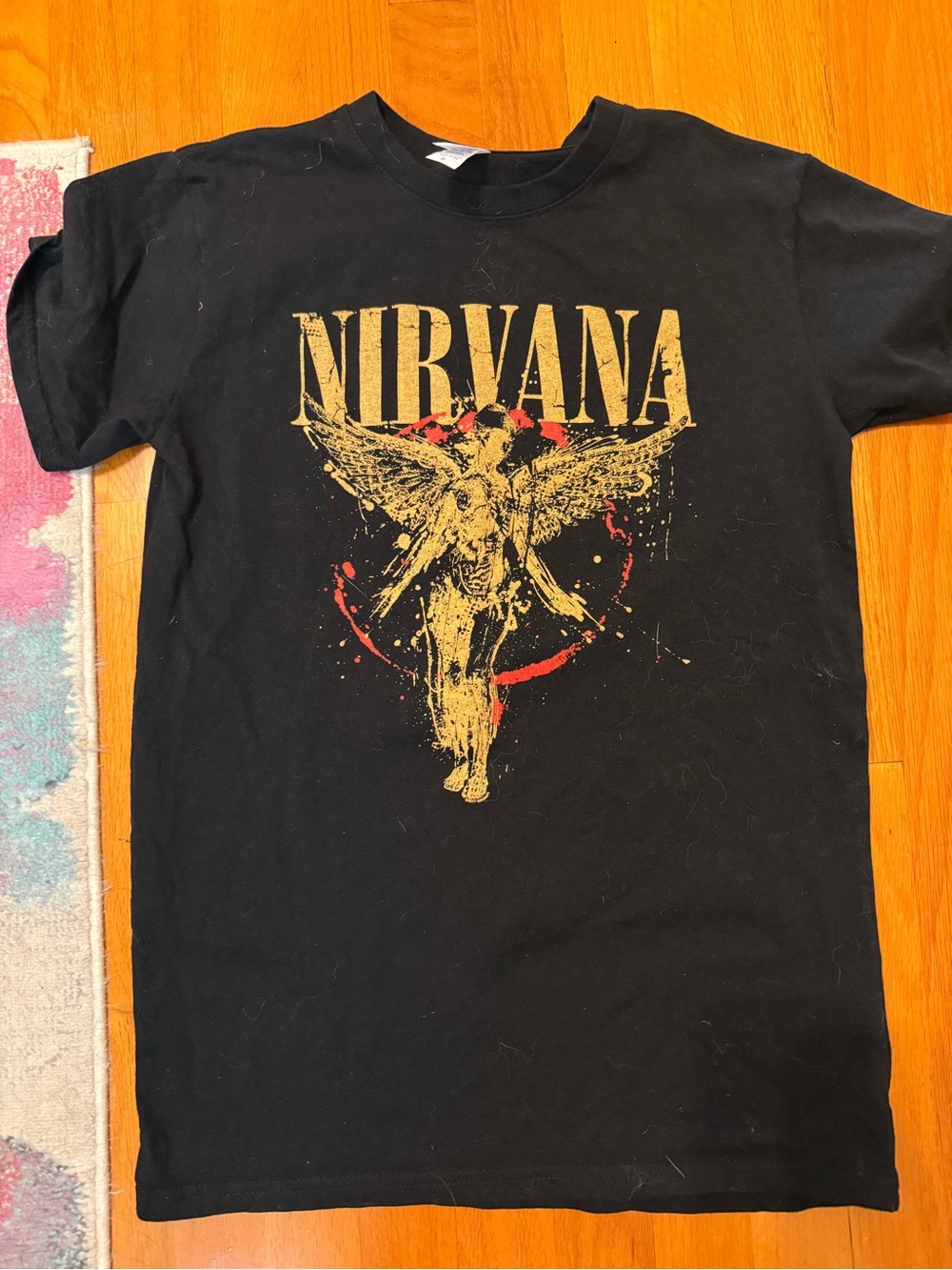 NIRVANA Black Kids' Short Sleeve Tee with Gold and Red Angel Graphic